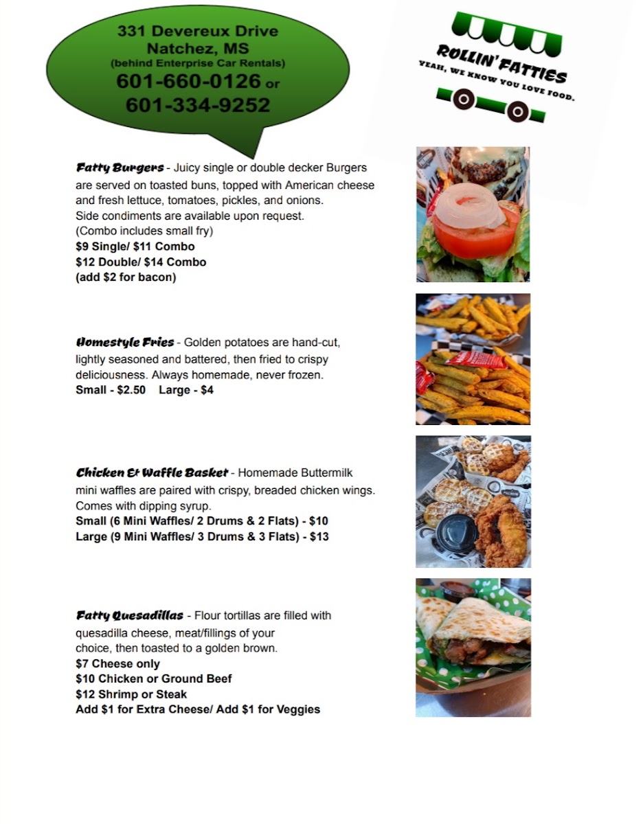 Rollin' Fatties Food Truck Recreational Park menu board