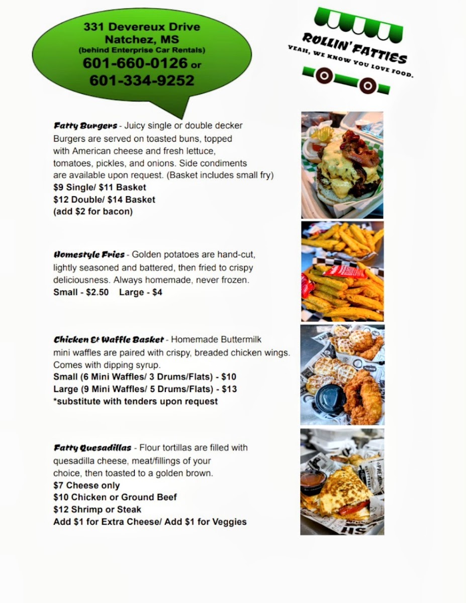 Rollin' Fatties Food Truck Recreational Park menu board