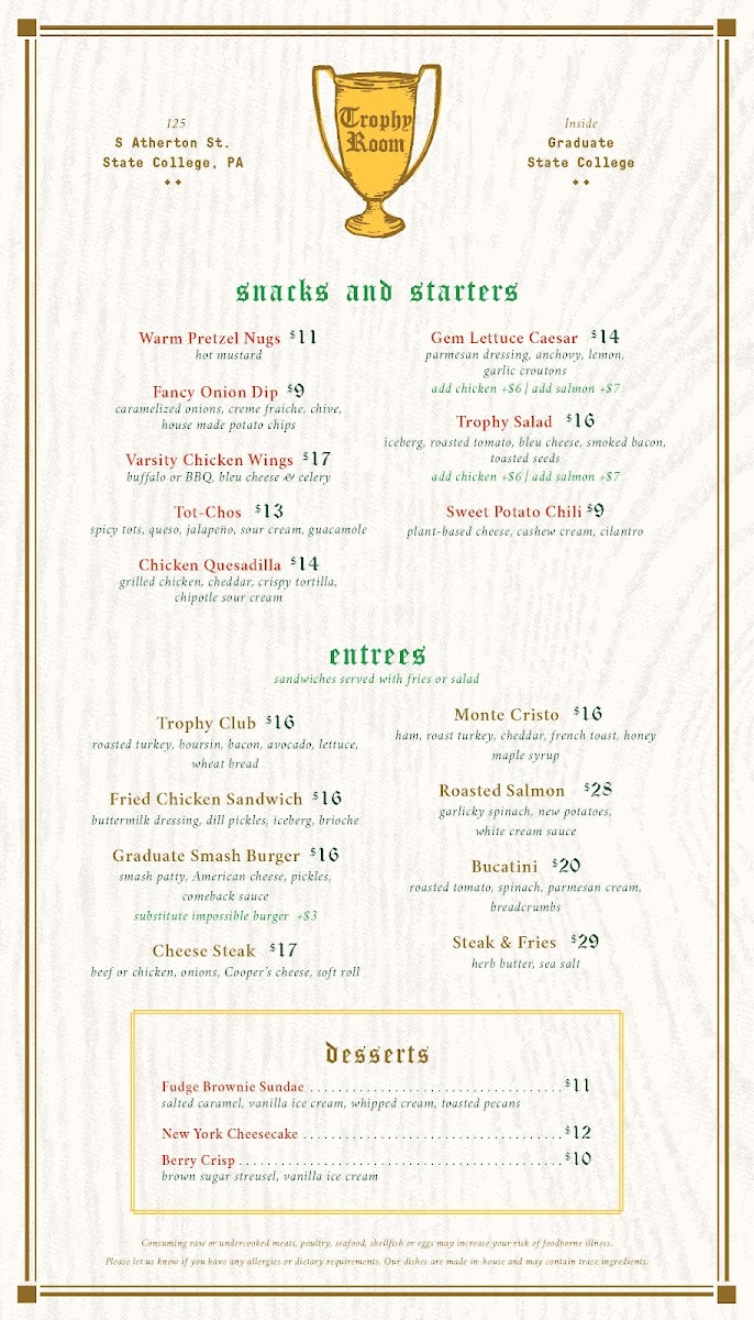 Trophy Room menu board