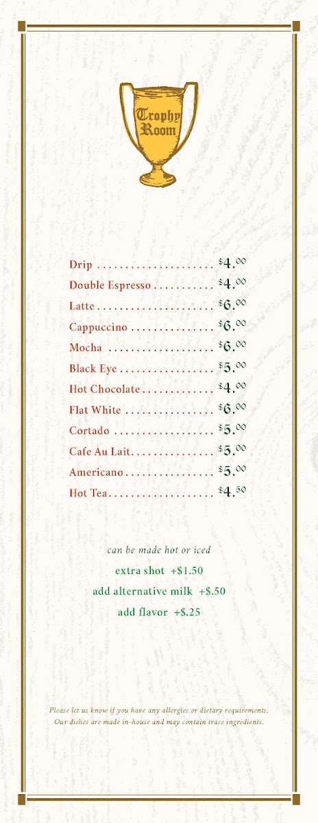 Trophy Room menu board