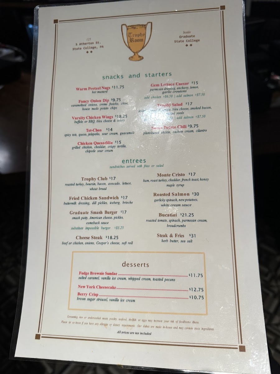 Trophy Room menu board