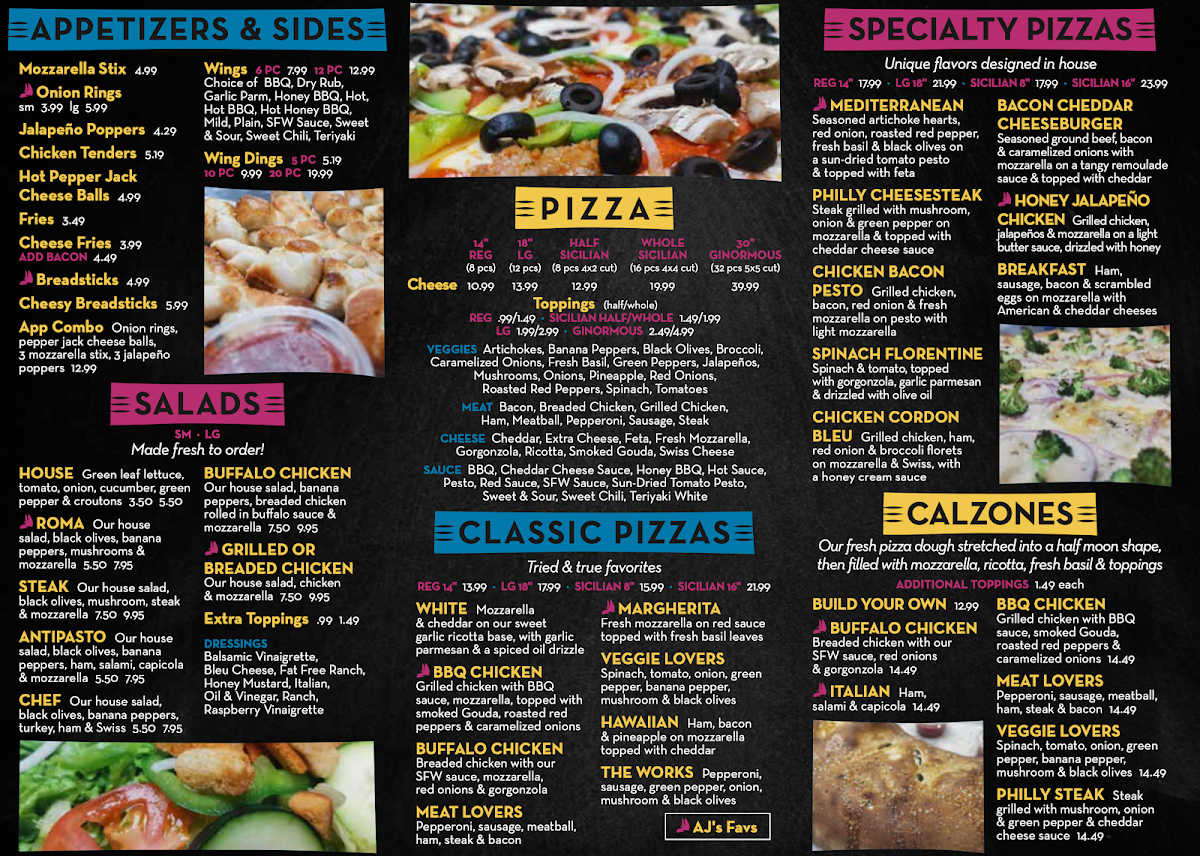 AJ's Pizza menu board