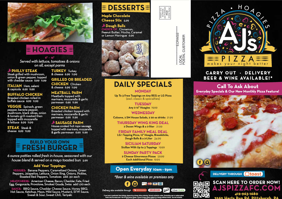 AJ's Pizza menu board