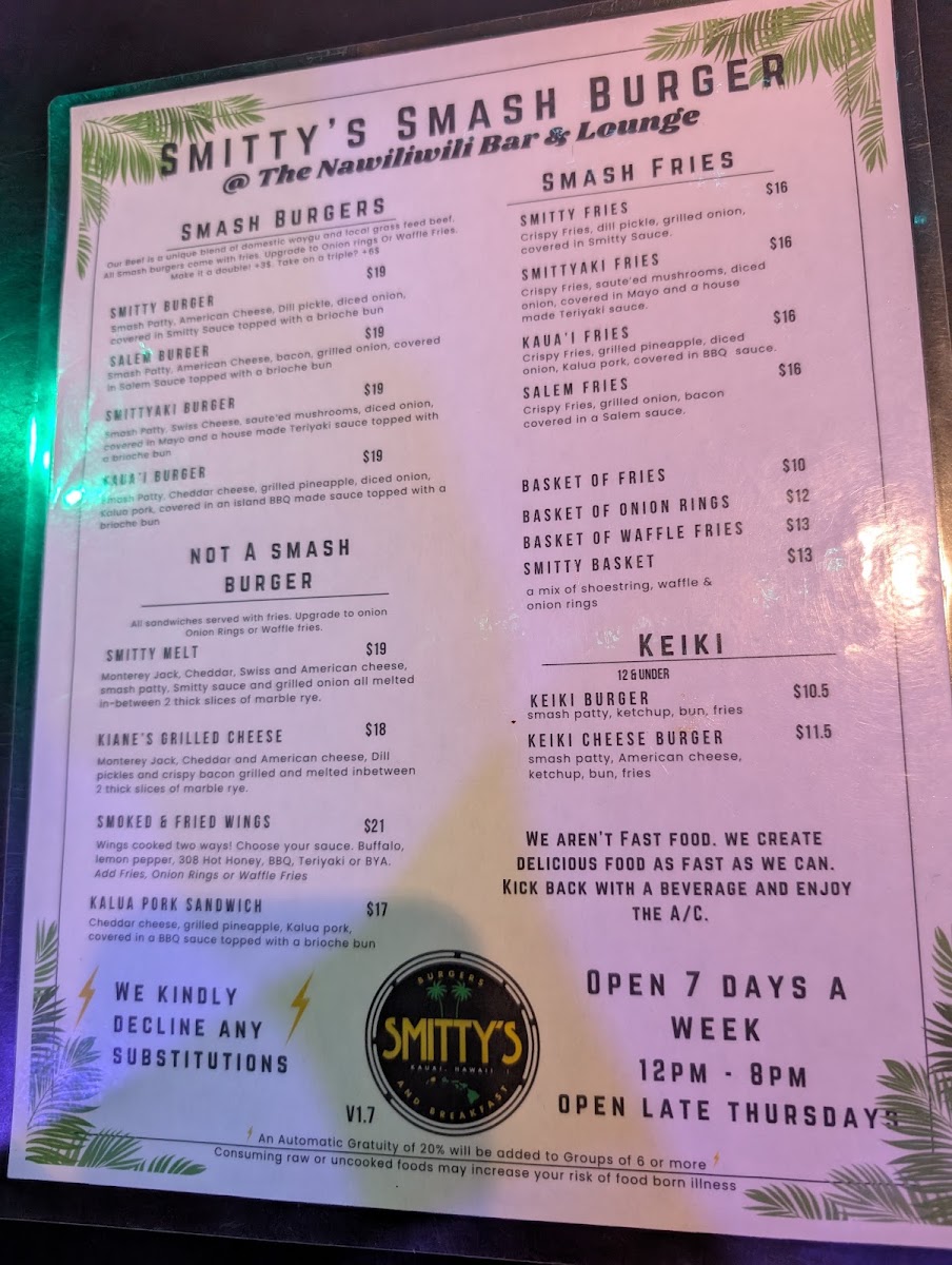 Smitty's Smash Burger menu board