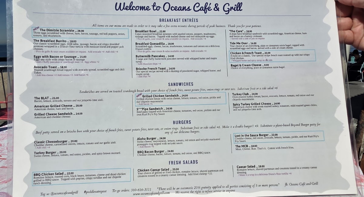 Oceans Cafe and Grill menu board