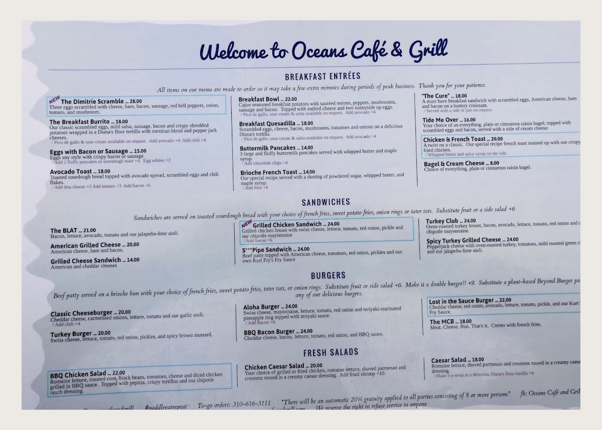 Oceans Cafe and Grill menu board