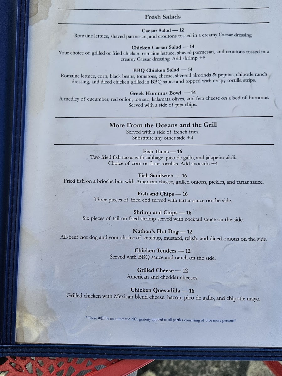 Oceans Cafe and Grill menu board