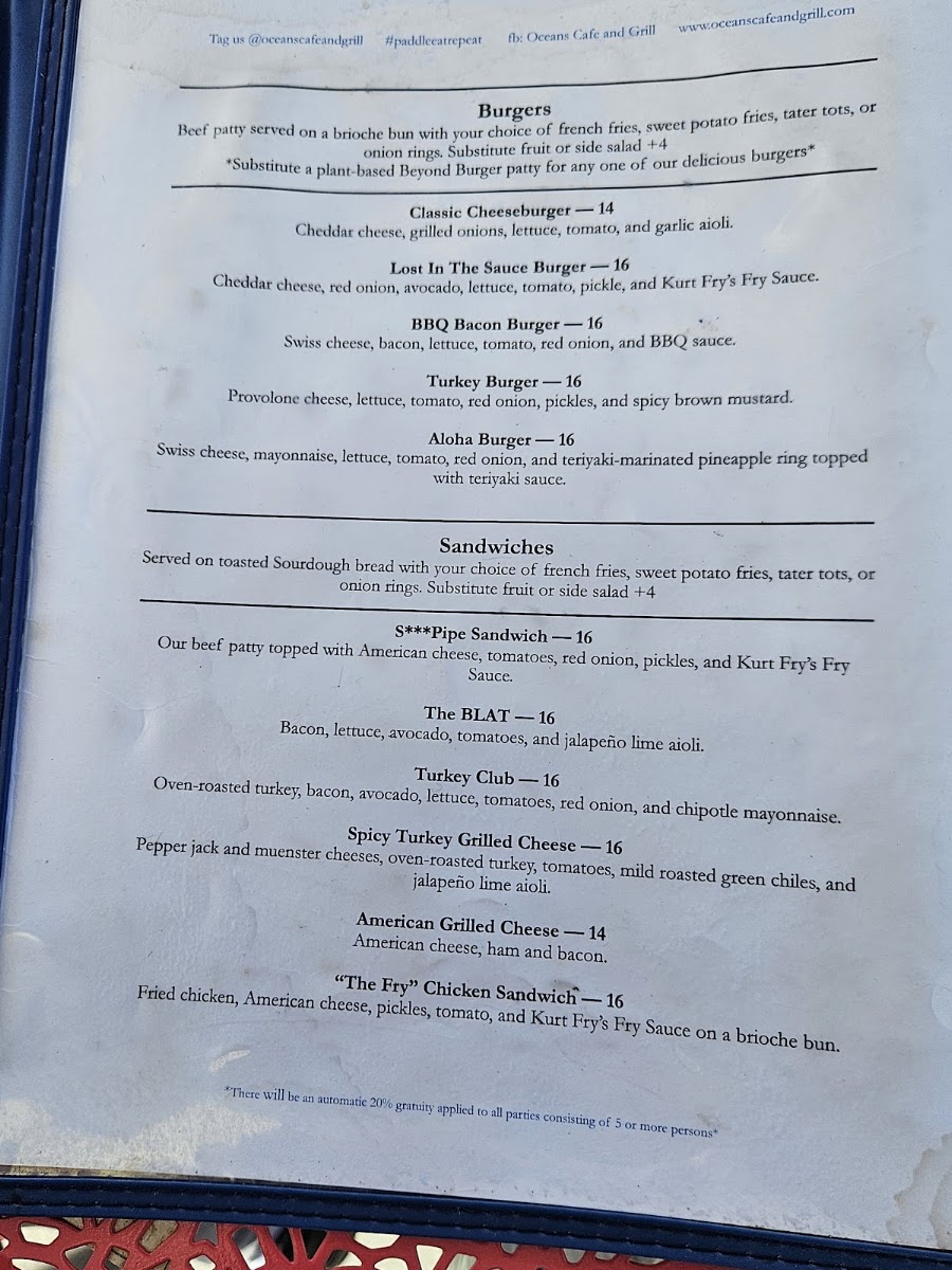 Oceans Cafe and Grill menu board