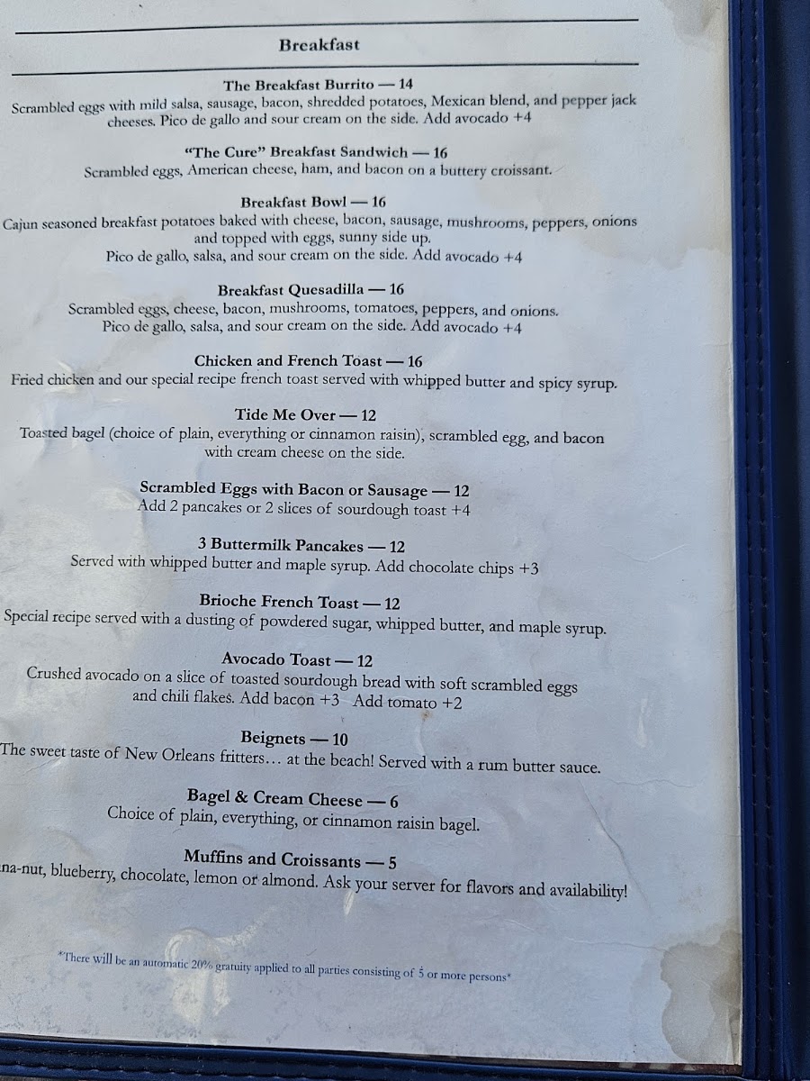 Oceans Cafe and Grill menu board
