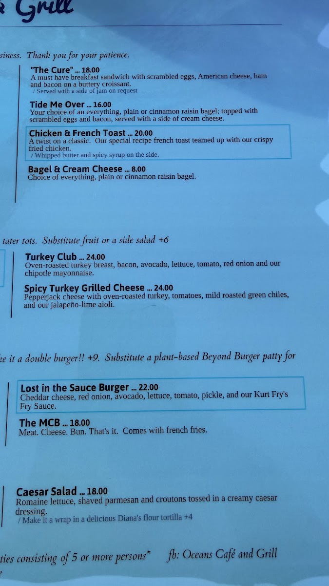 Oceans Cafe and Grill menu board