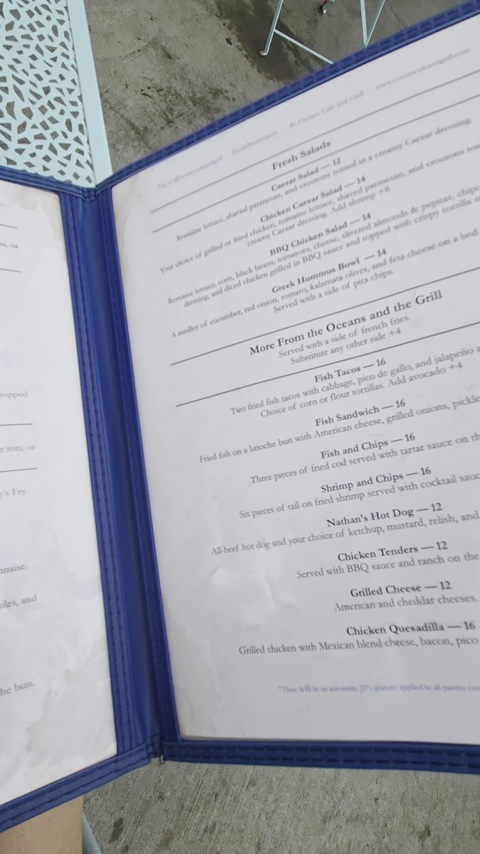 Oceans Cafe and Grill menu board