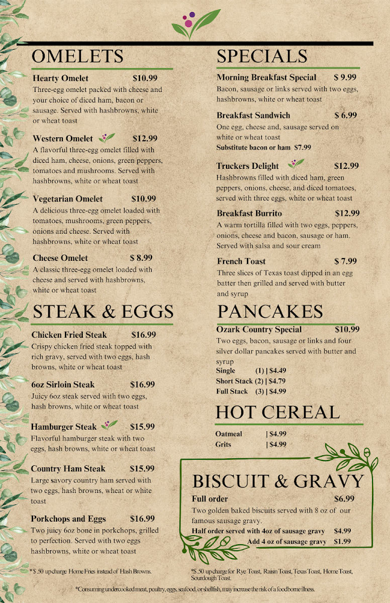 Garden Inn Restaurant menu board