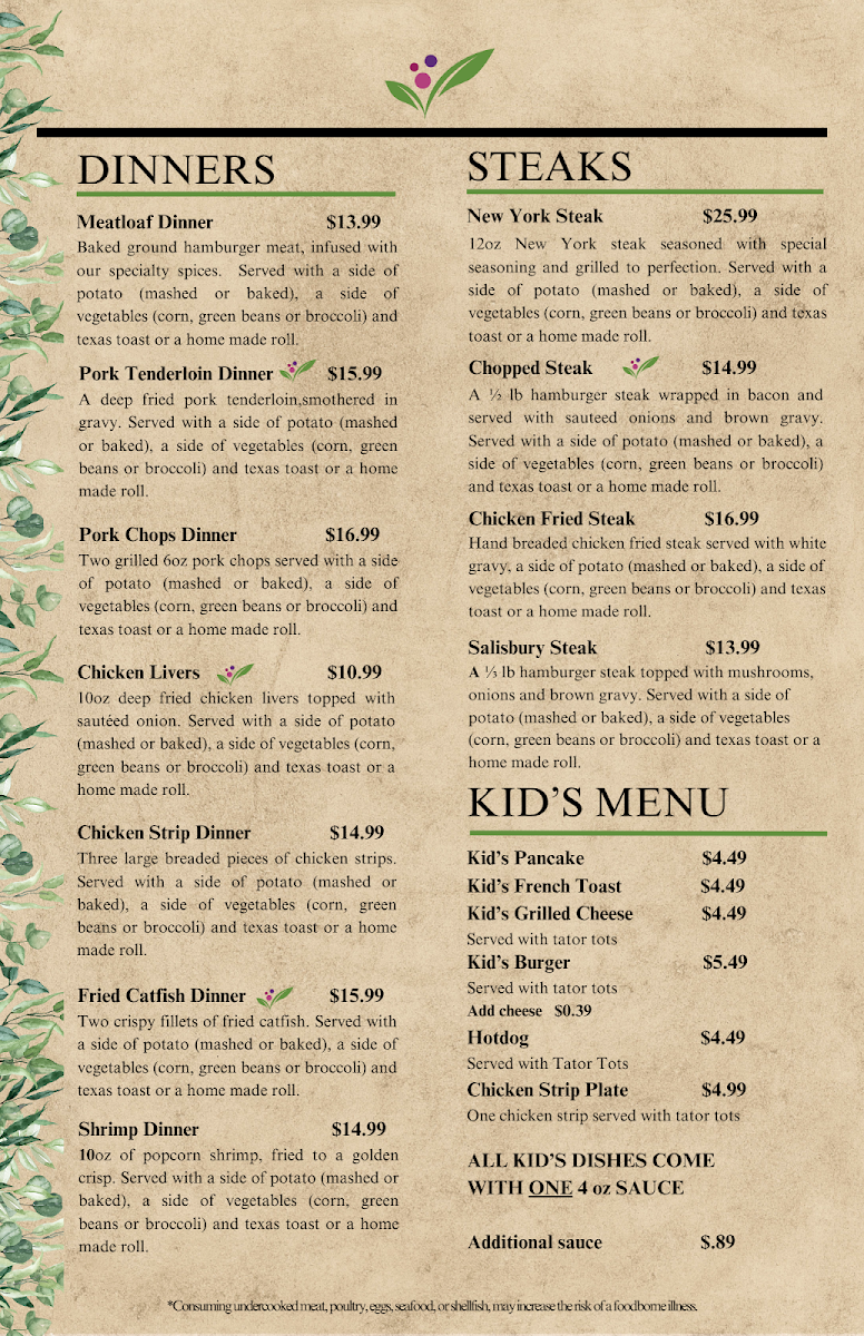 Garden Inn Restaurant menu board