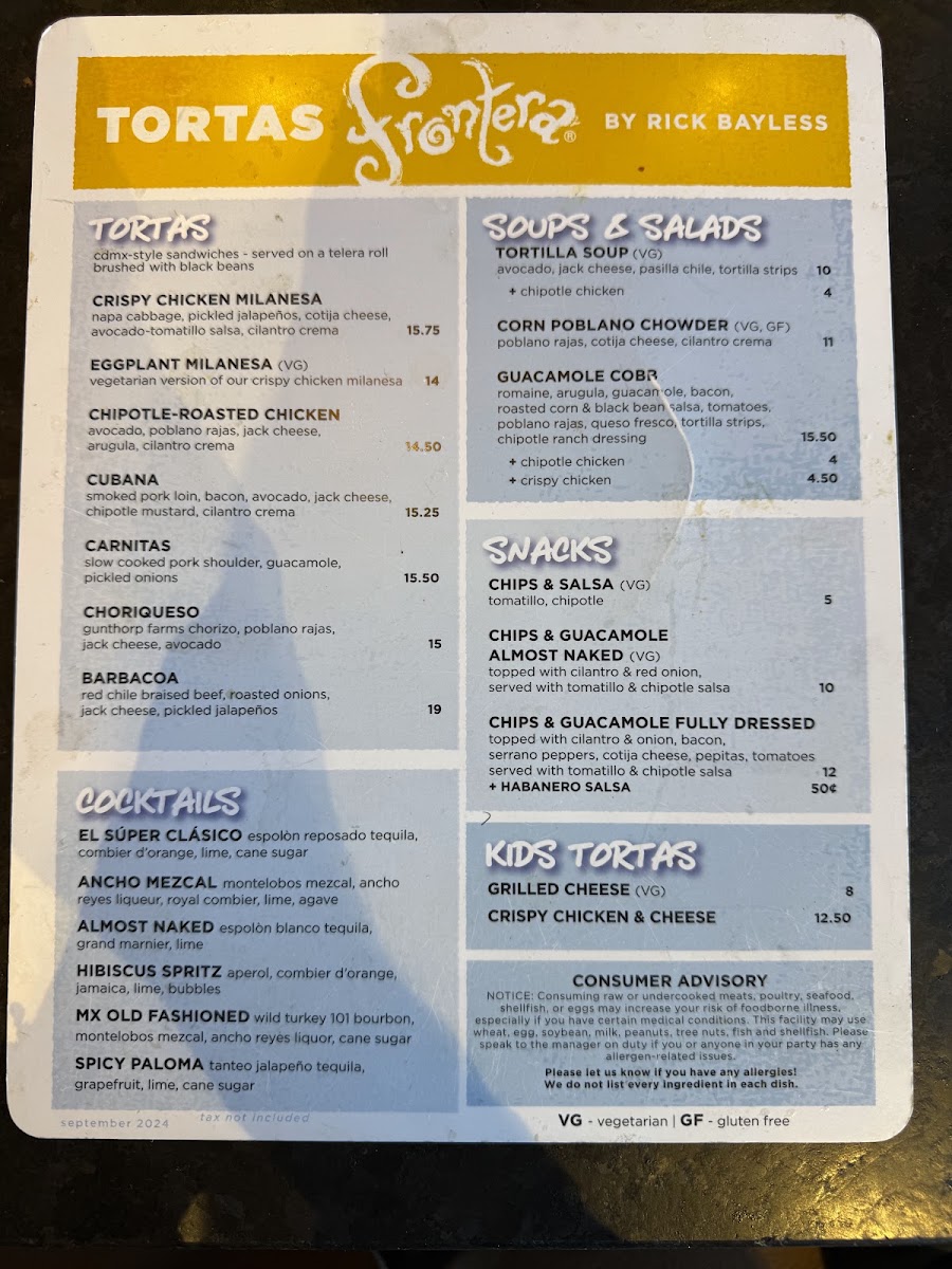 Tortas Frontera menu board