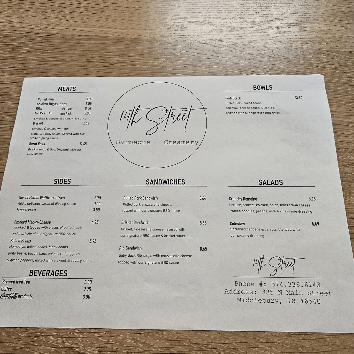 14th Street Barbeque menu board