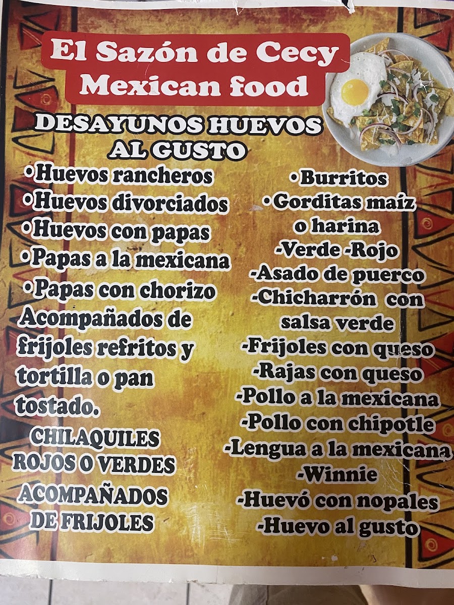 El Sazón de Cecy menu board