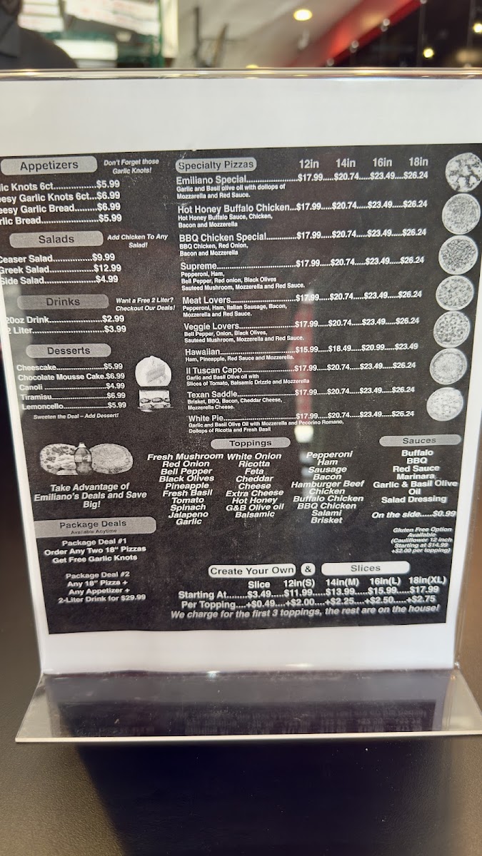Emiliano's Pizzeria menu board