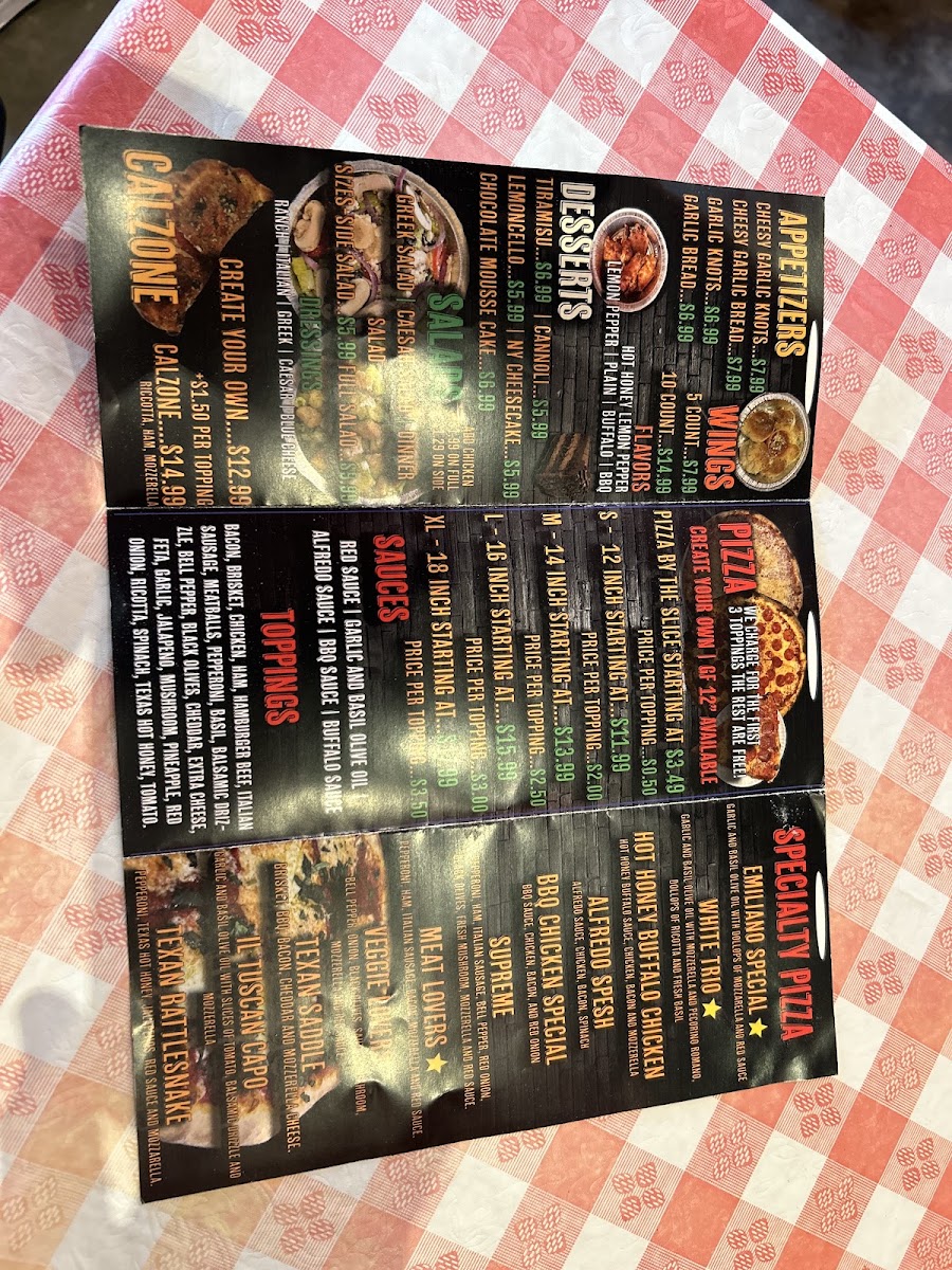 Emiliano's Pizzeria menu board