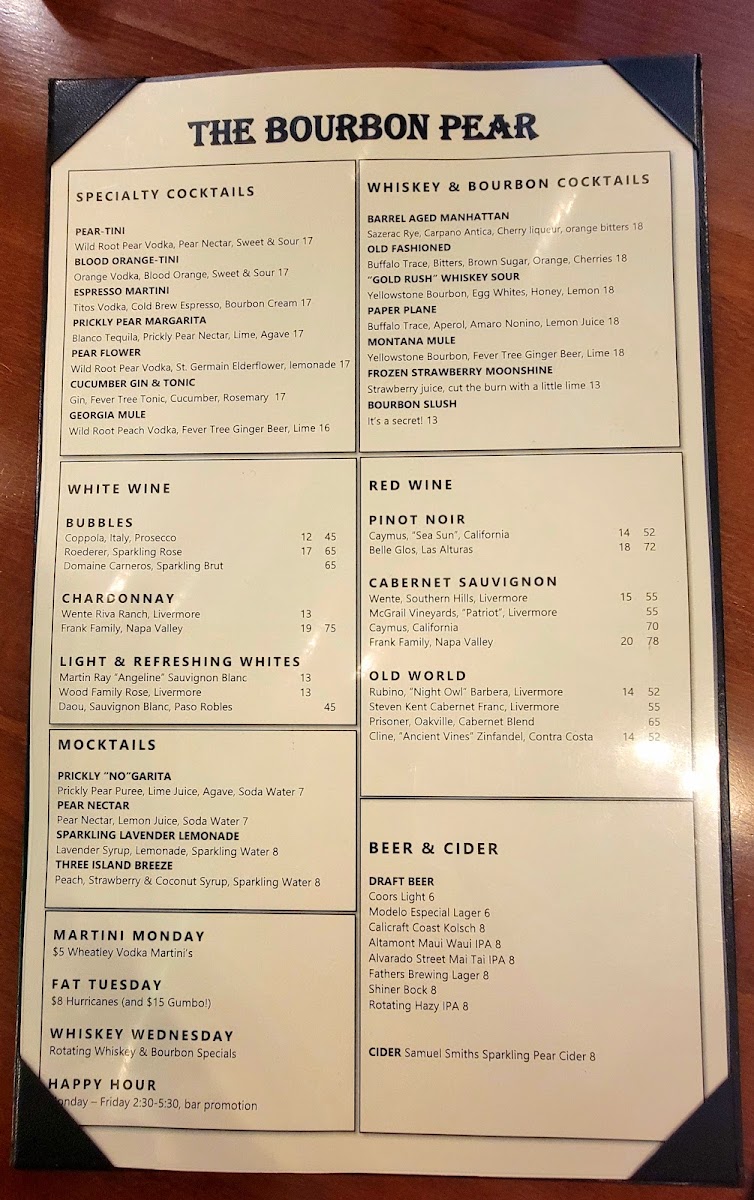 The Bourbon Pear menu board