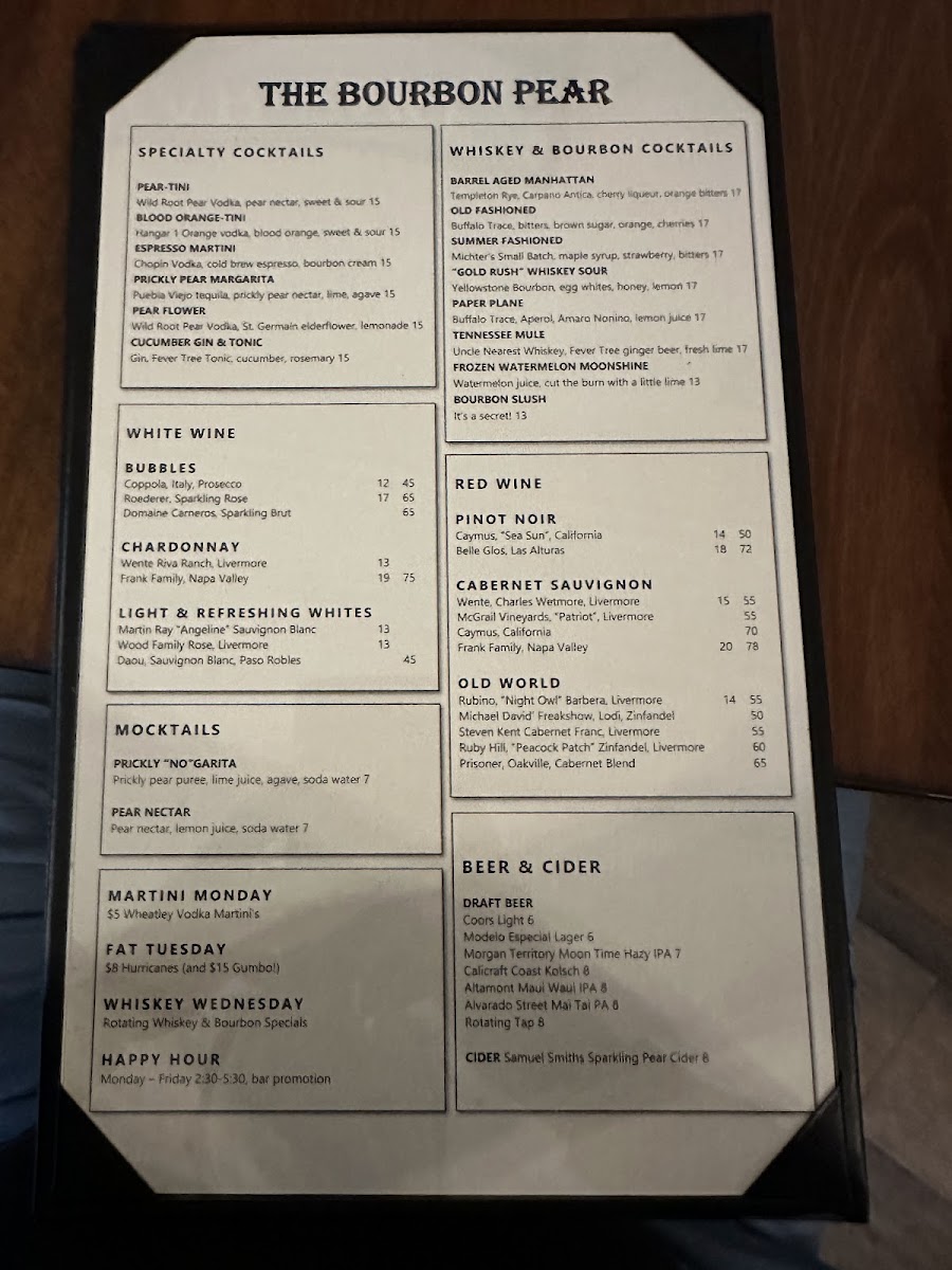 The Bourbon Pear menu board