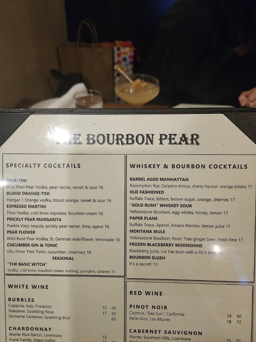 The Bourbon Pear menu board