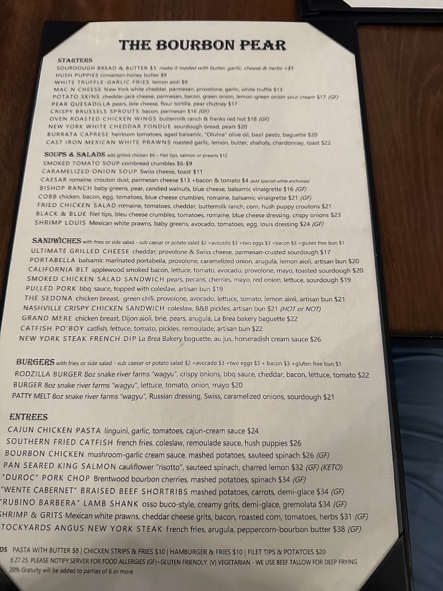 The Bourbon Pear menu board