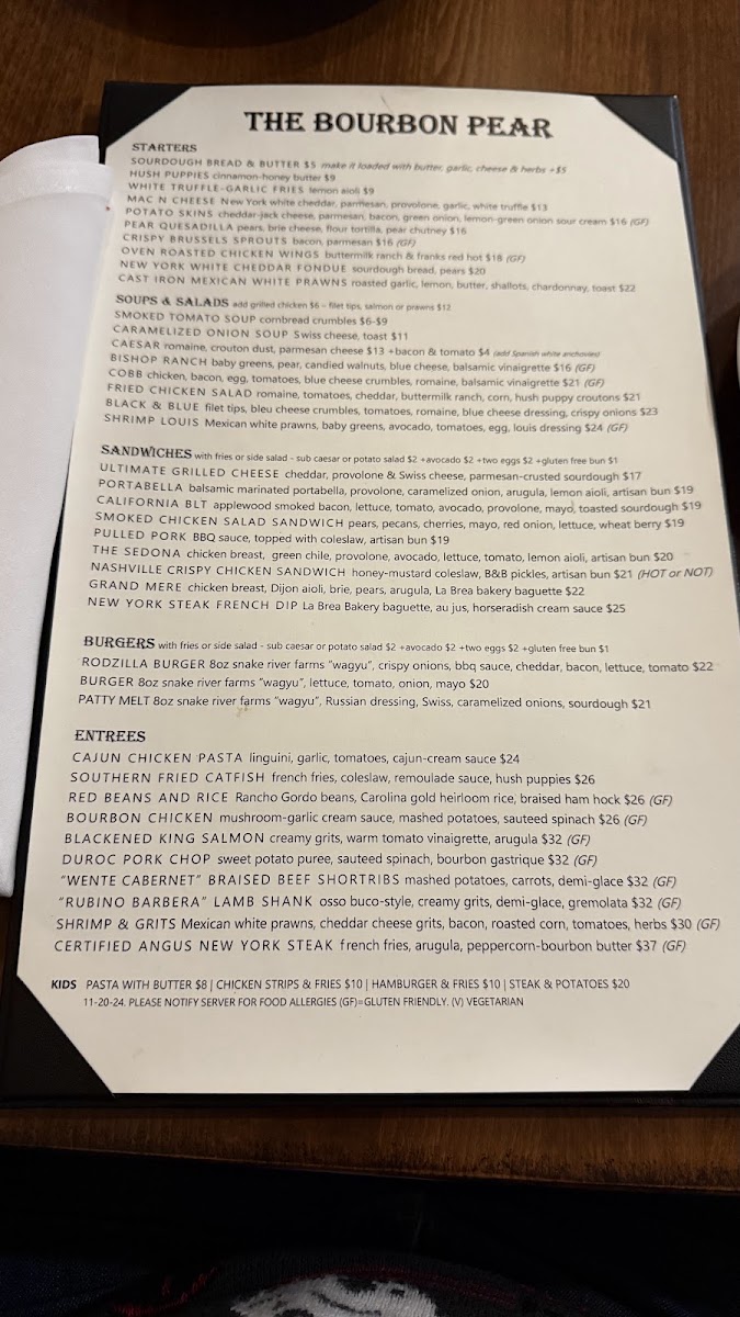 The Bourbon Pear menu board