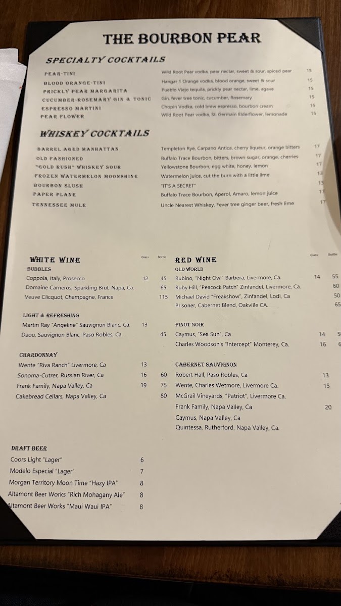 The Bourbon Pear menu board