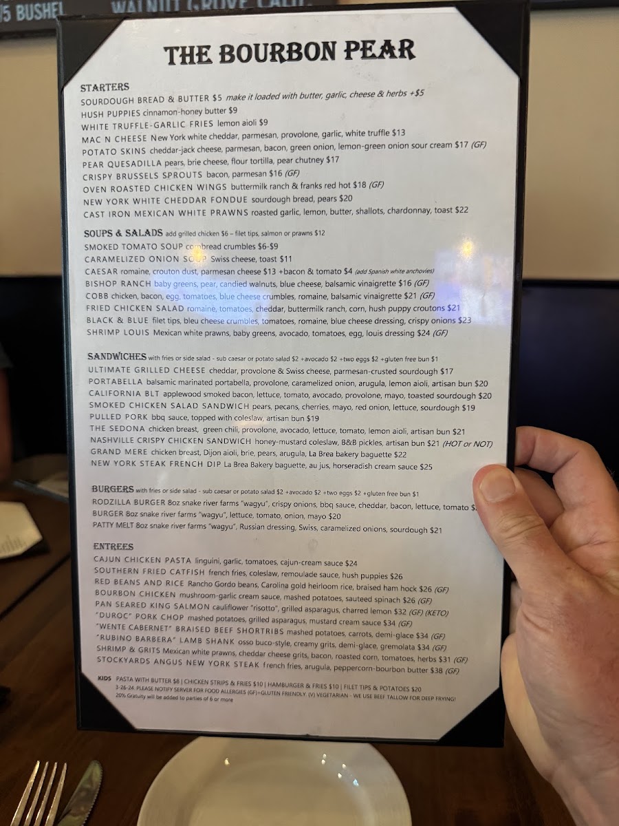 The Bourbon Pear menu board