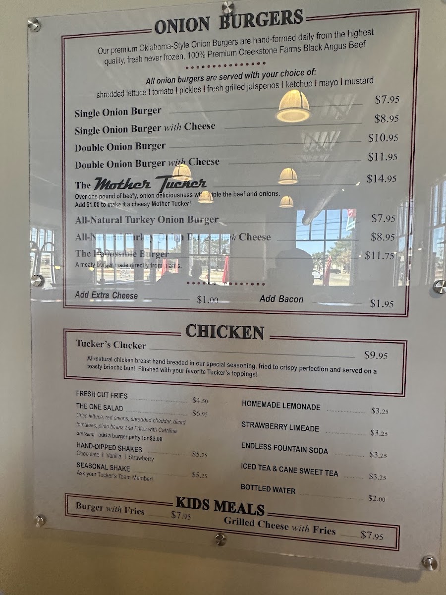 Tucker's Onion Burgers menu board