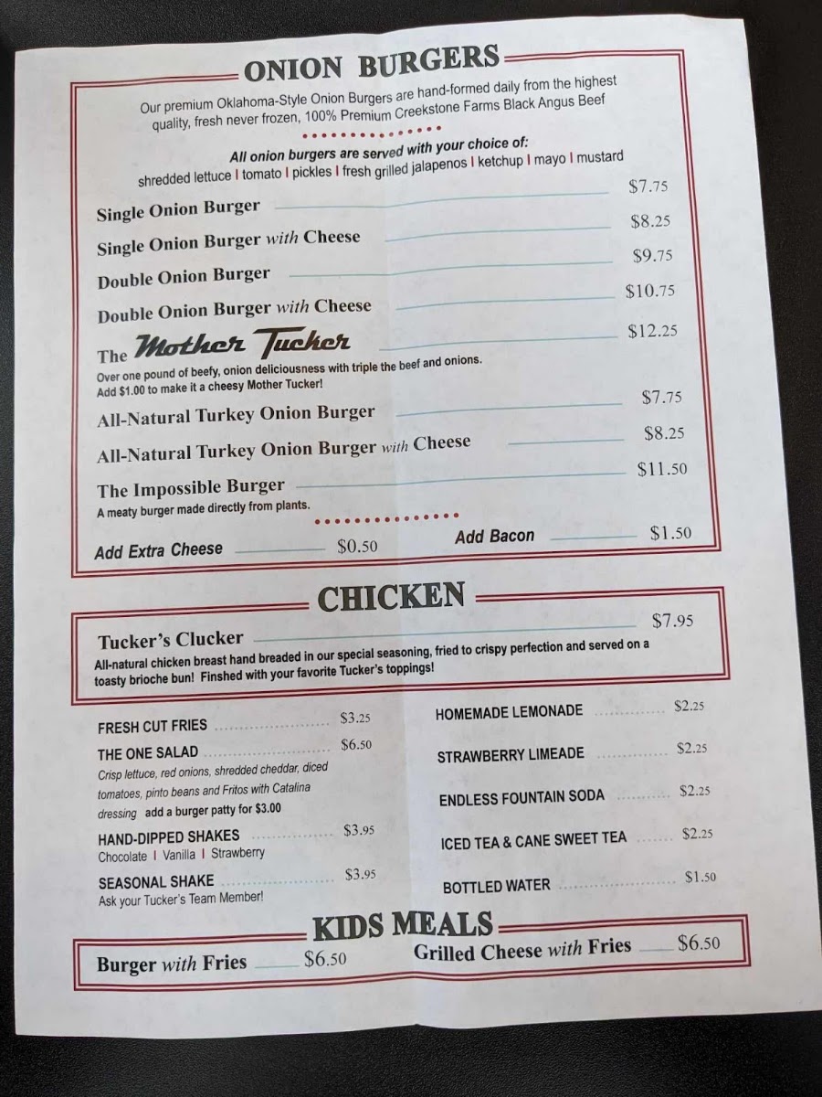 Tucker's Onion Burgers menu board