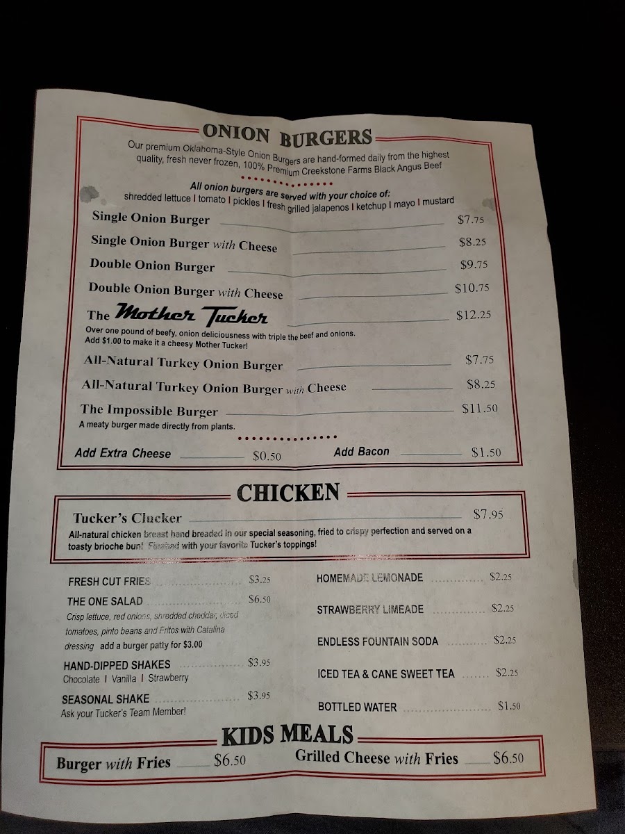 Tucker's Onion Burgers menu board
