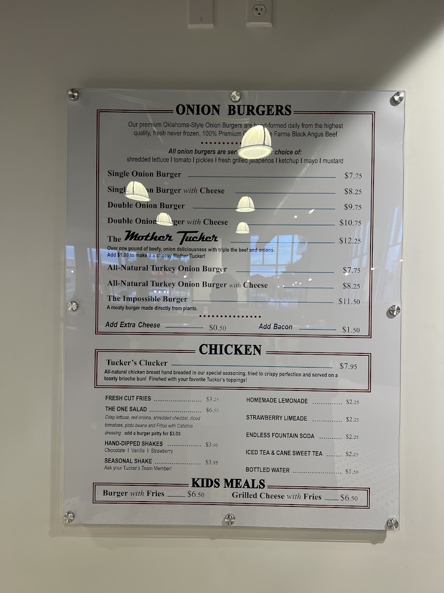 Tucker's Onion Burgers menu board