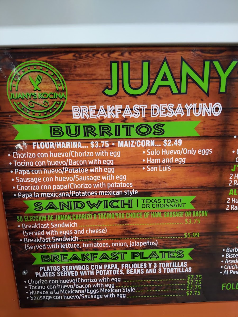 Juany's Kocina menu board