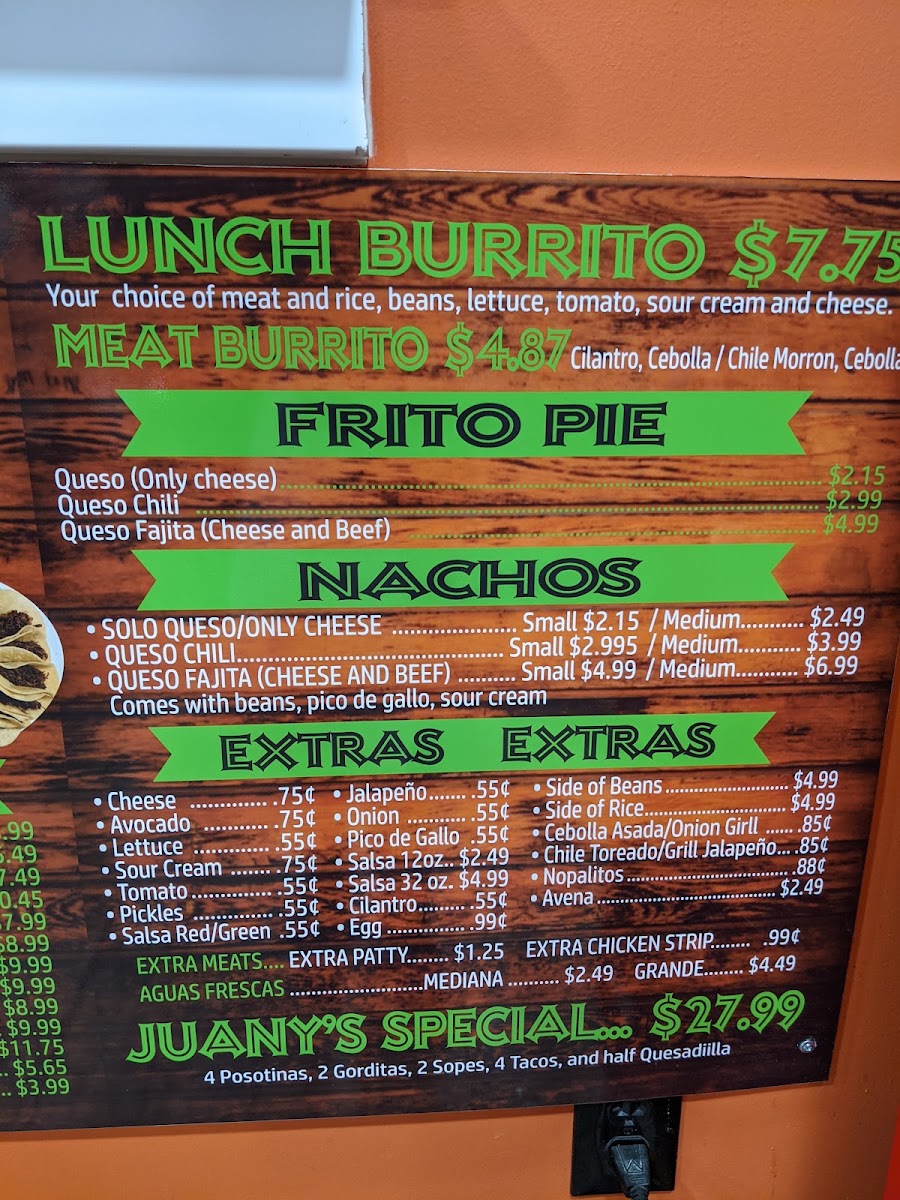 Juany's Kocina menu board