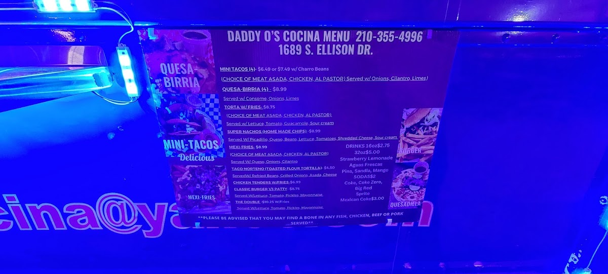 Daddy O’s Cocina menu board