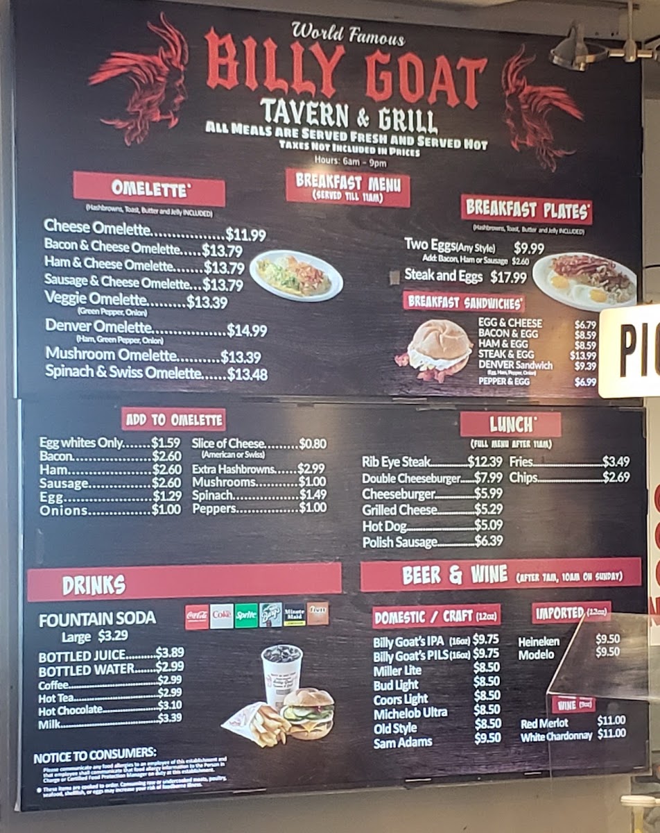 Billy Goat Tavern (Ohare Airport- Concourse C) menu board