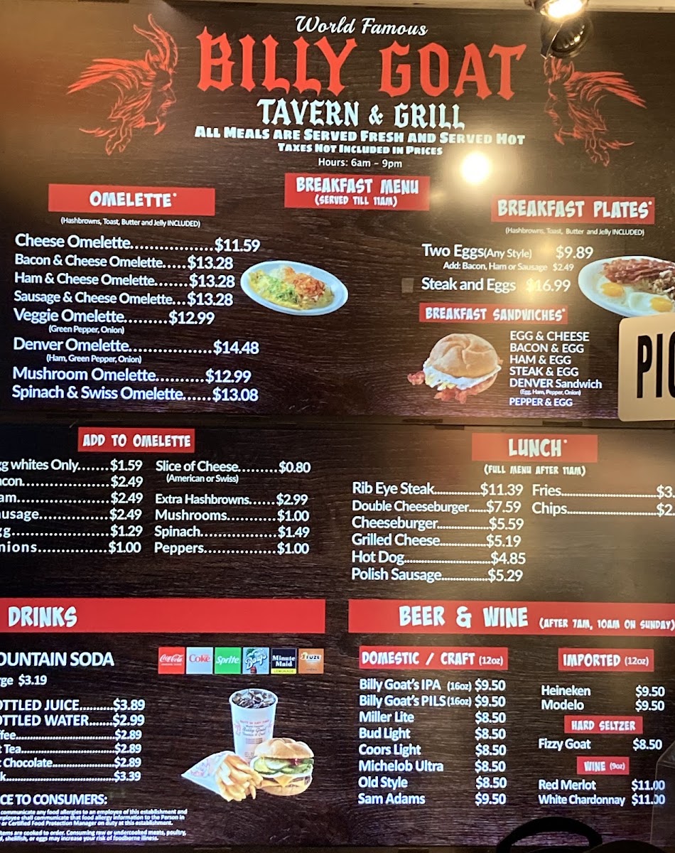 Billy Goat Tavern (Ohare Airport- Concourse C) menu board