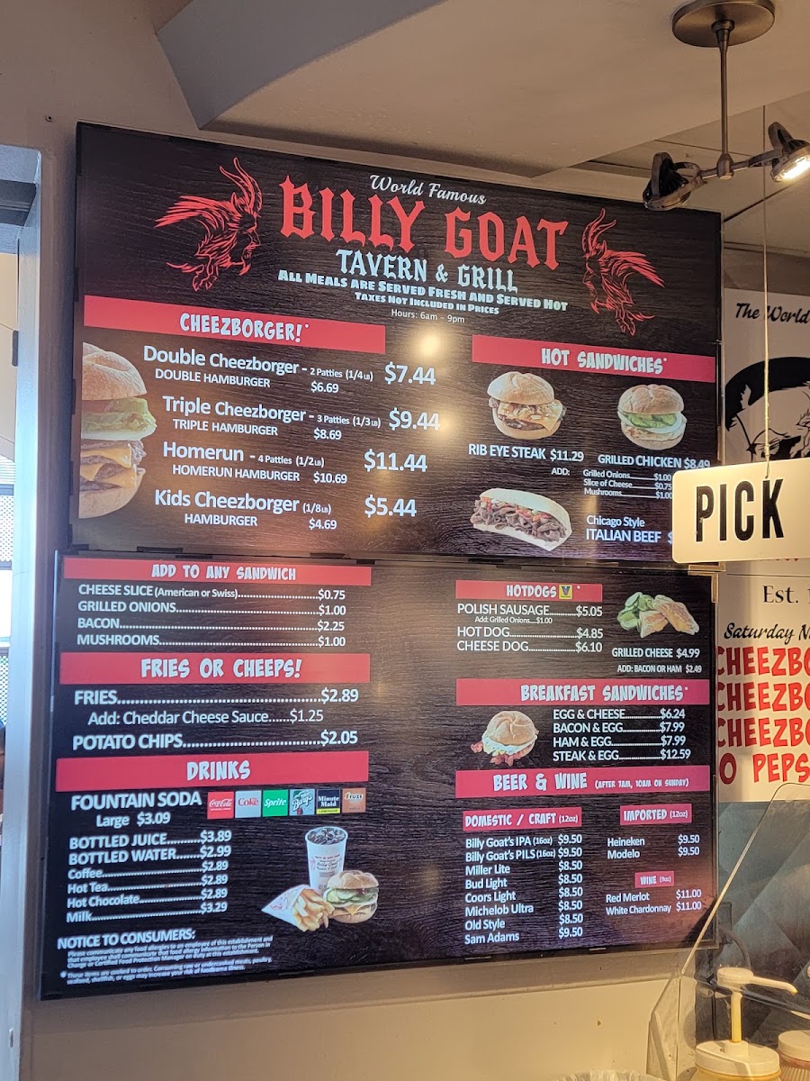 Billy Goat Tavern (Ohare Airport- Concourse C) menu board