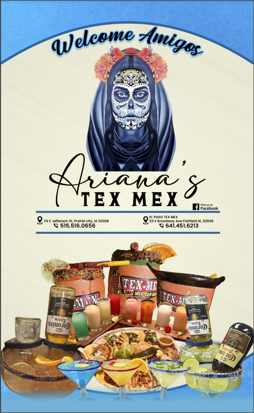 Ariana's Tex Mex Bar and Grill menu board