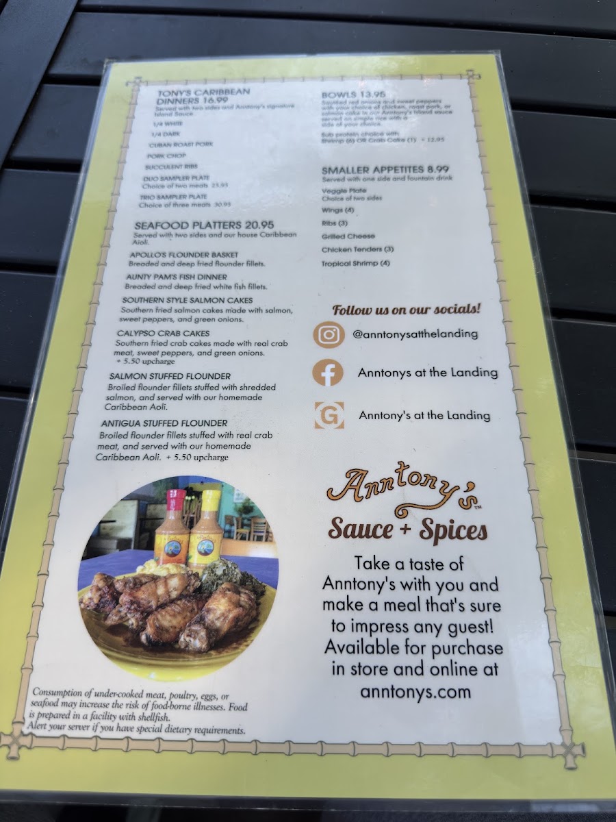 Anntonys at the Landing menu board