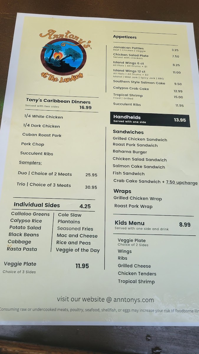 Anntonys at the Landing menu board