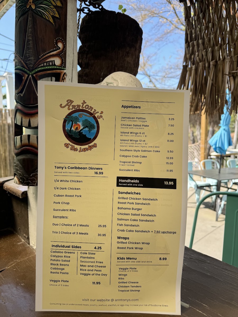 Anntonys at the Landing menu board
