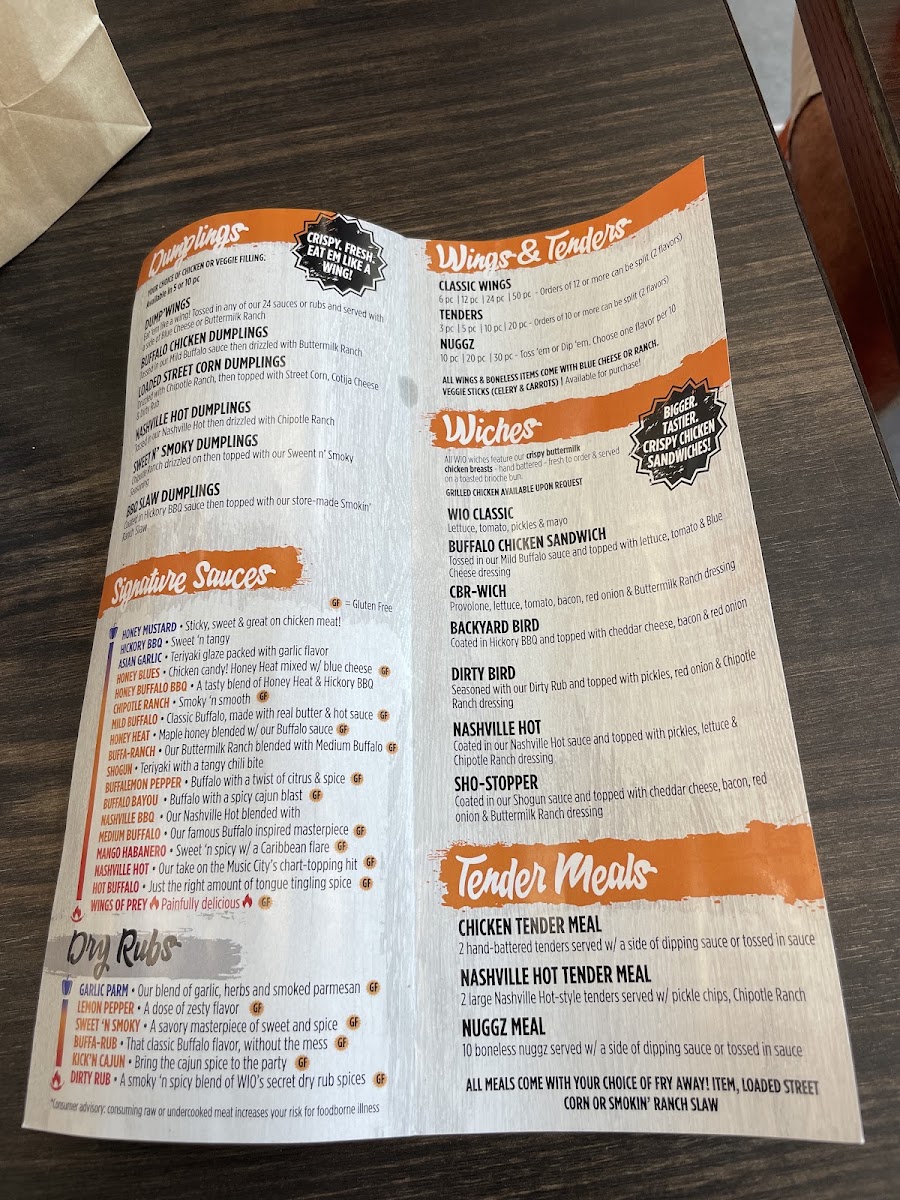 Wing It On! menu board