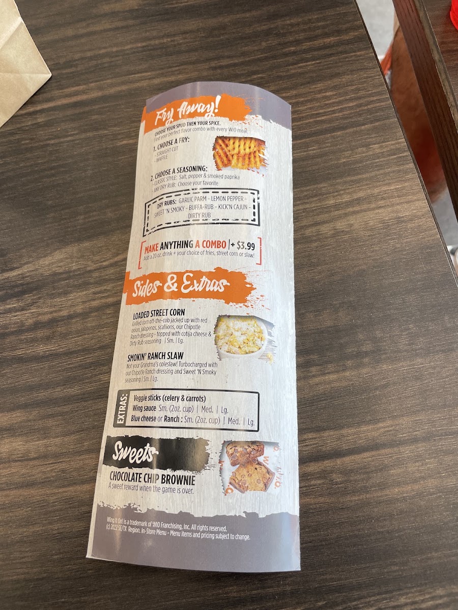Wing It On! menu board