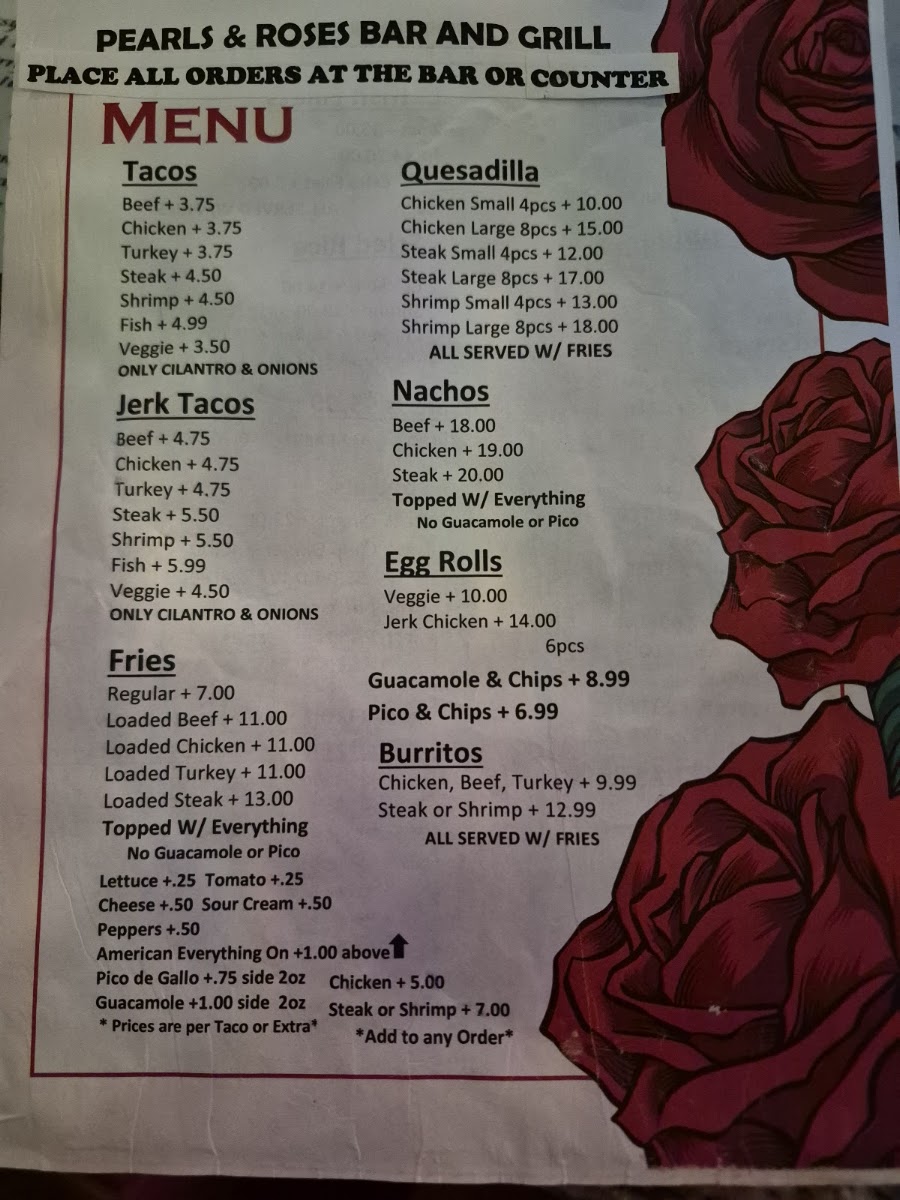 Pearls & Roses menu board