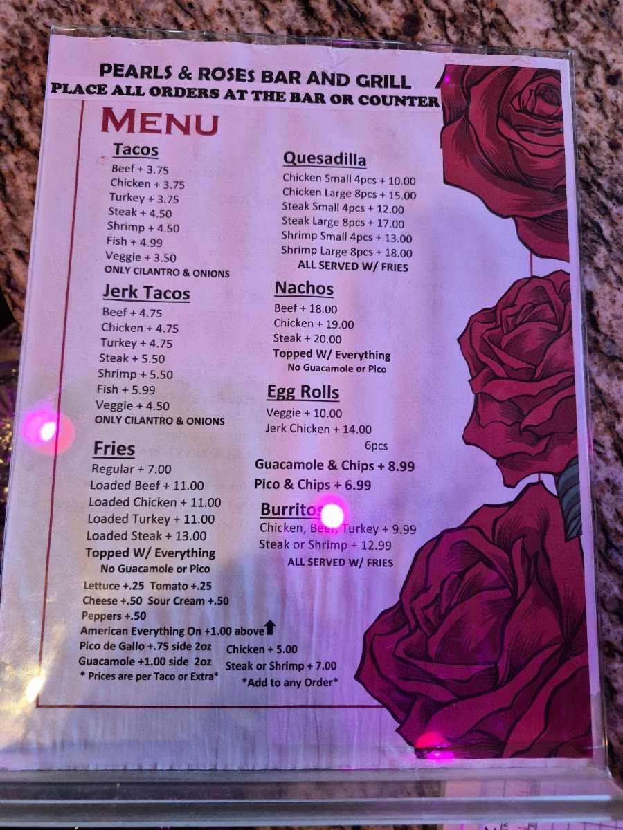 Pearls & Roses menu board
