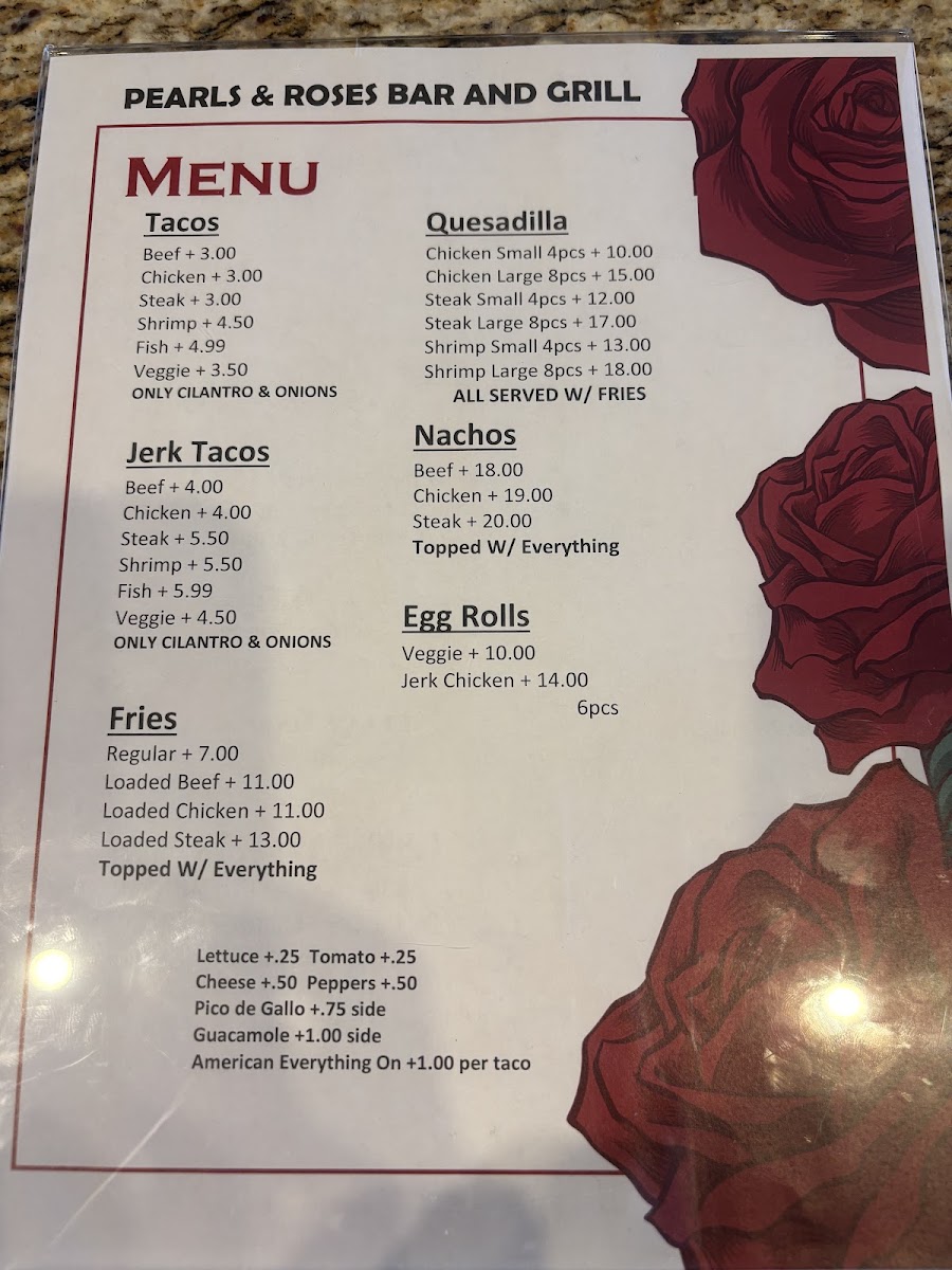 Pearls & Roses menu board