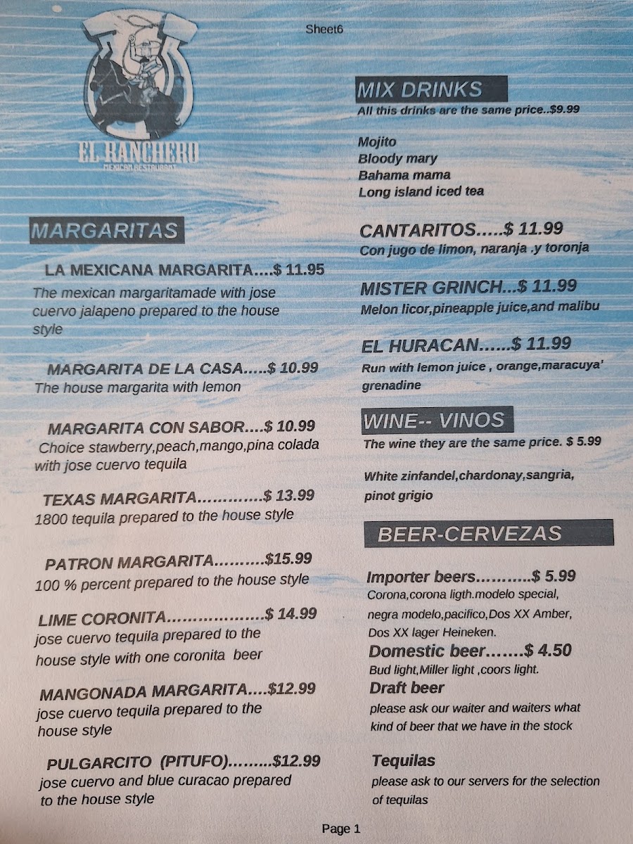 El Ranchero Restaurant Charlottesville menu board