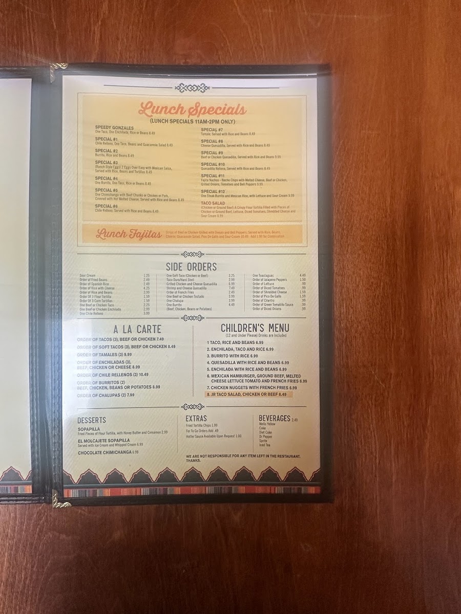 El Molcajete Mexican Restaurant menu board